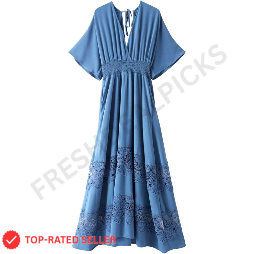 Lace Maxi Dress V Neck Short Sleeve Smocked Waist Boho Formal Party Wear